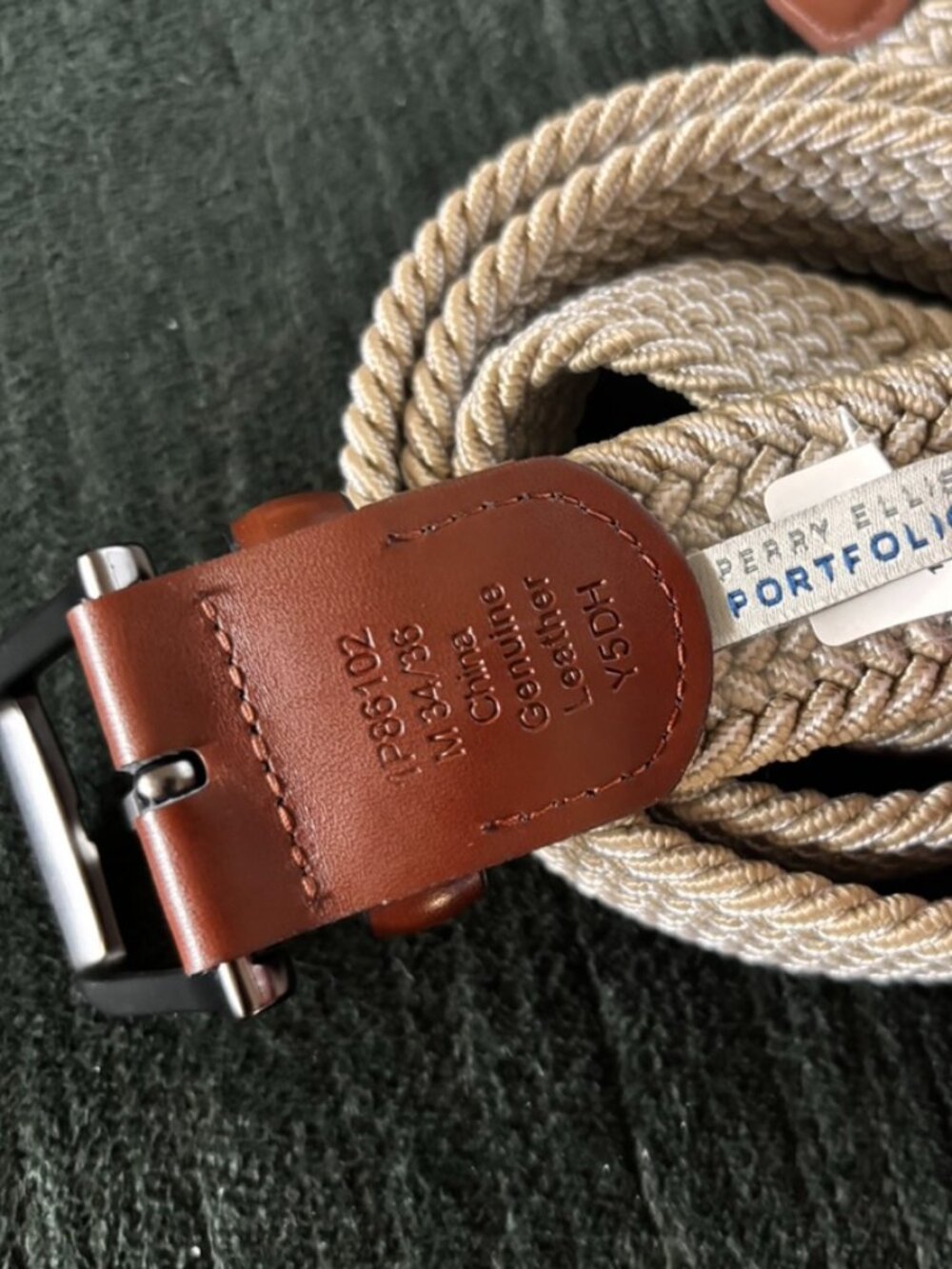 Perry Ellis Beige Woven Belt with Brown Cowhide Leather Trim 34-36 Medium